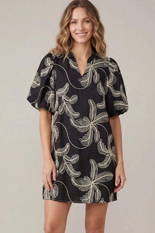 Puff Sleeve Embroidered Woven Dress with Pockets