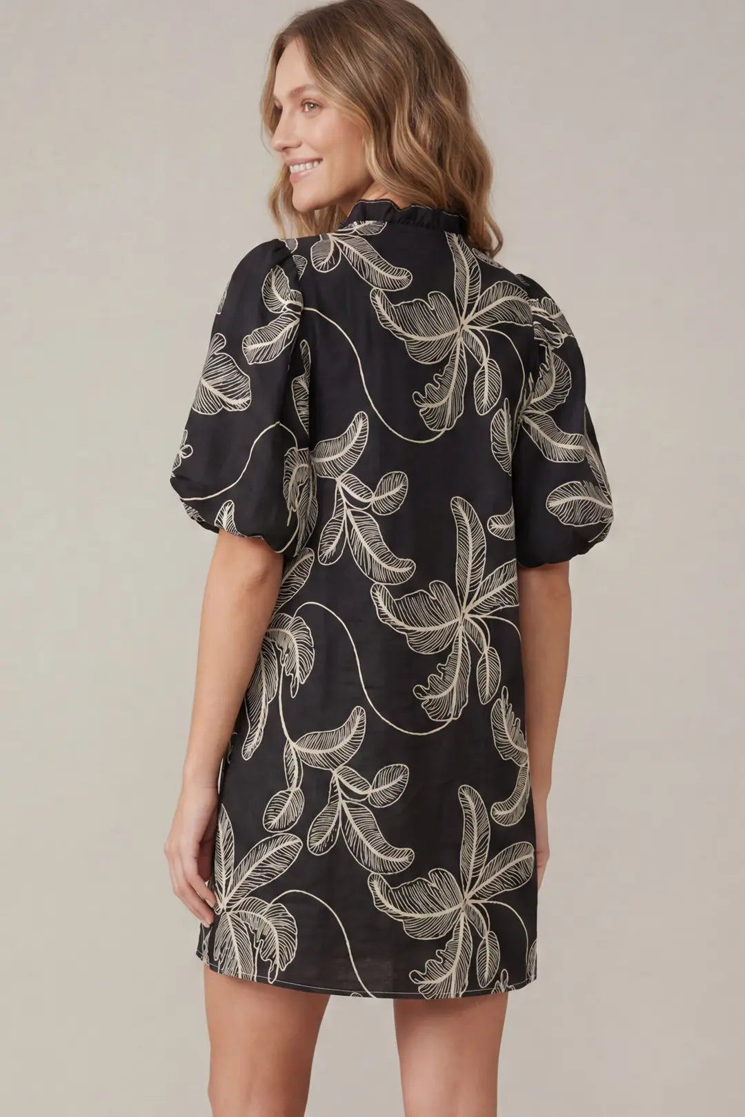 Puff Sleeve Embroidered Woven Dress with Pockets