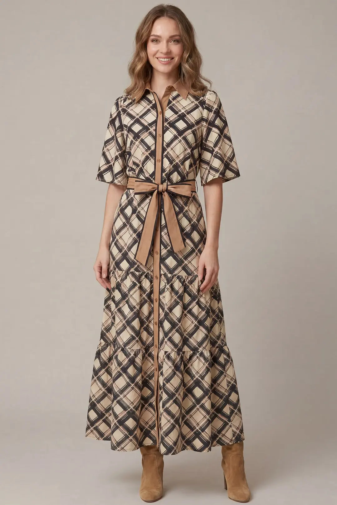 Button Down Tiered Woven Plaid Print Maxi Dress with Waist Tie