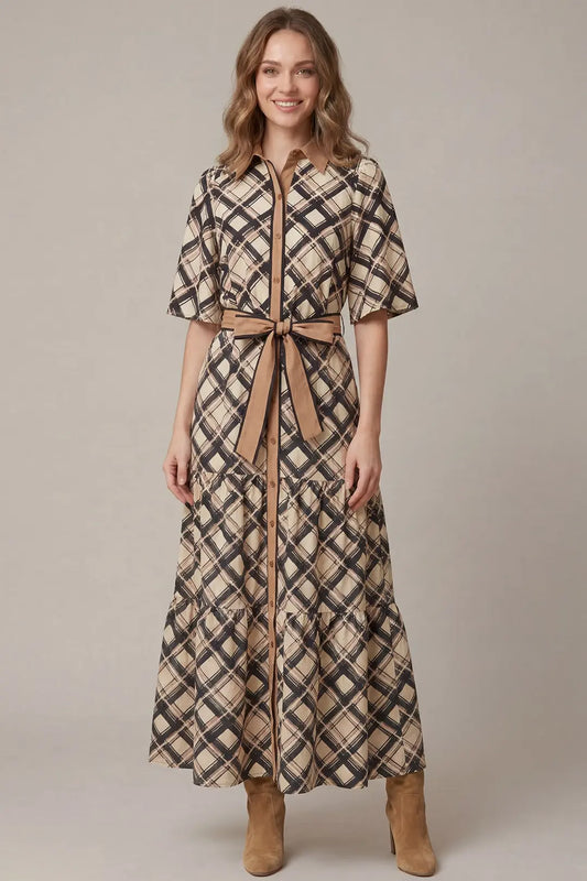 Button Down Tiered Woven Plaid Print Maxi Dress with Waist Tie