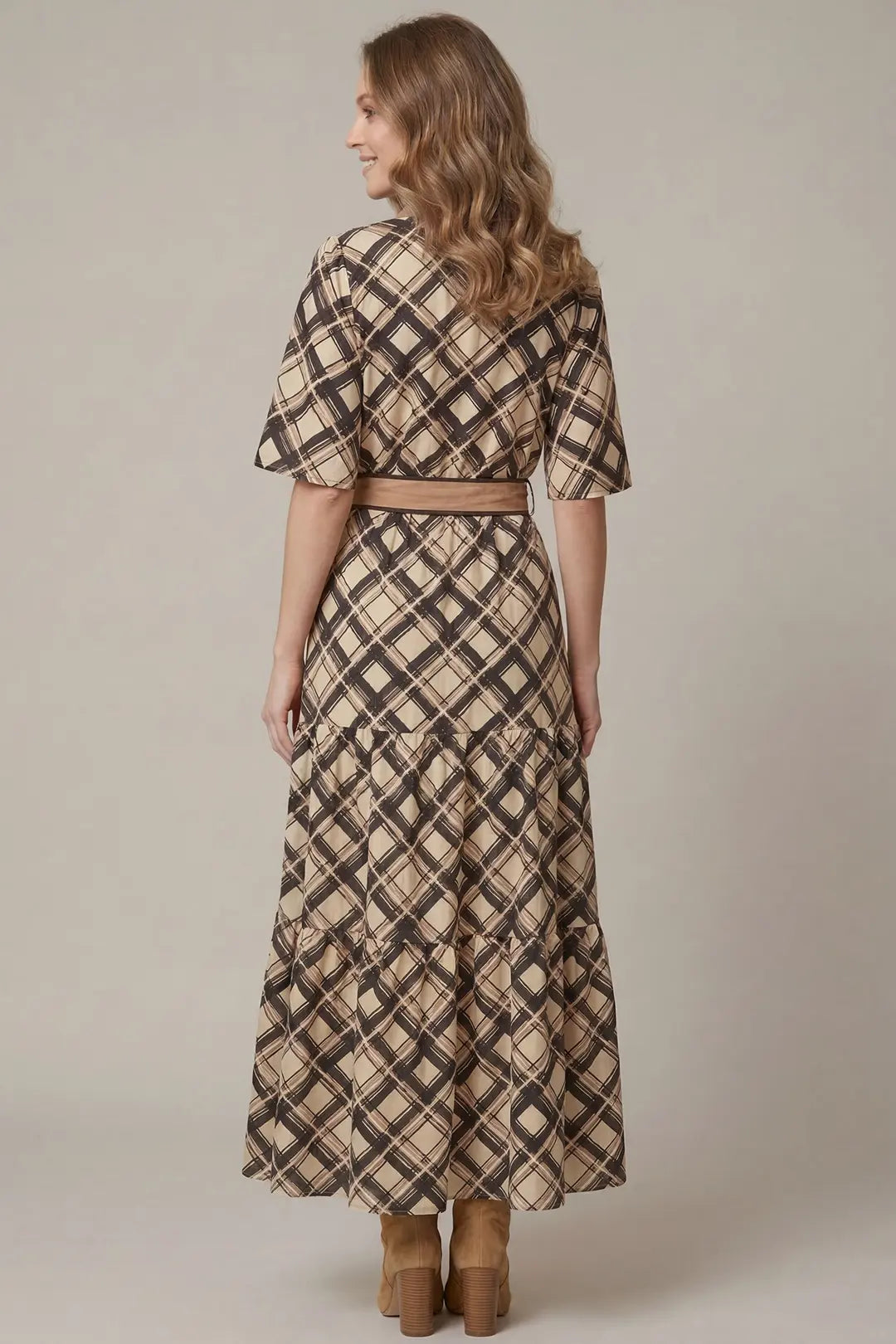 Button Down Tiered Woven Plaid Print Maxi Dress with Waist Tie