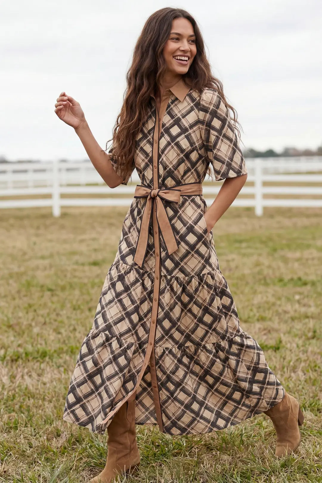 Button Down Tiered Woven Plaid Print Maxi Dress with Waist Tie