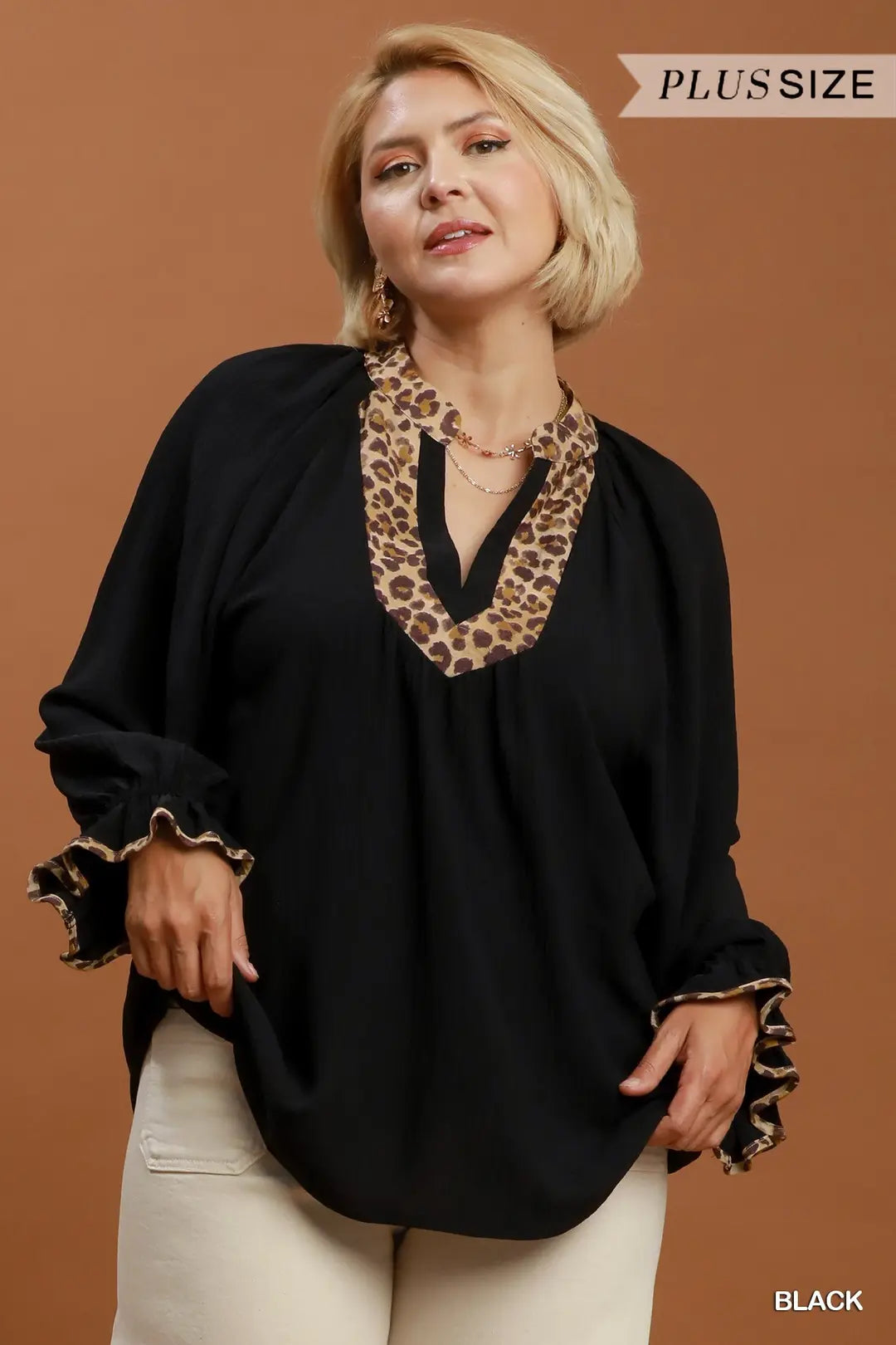 Leopard Trim V-Neck Puff Sleeve Blouse - Plus