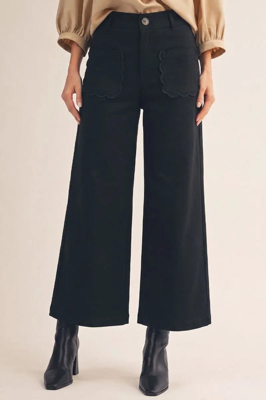 High-Waisted Wide-Leg Pants with Scalloped Pocket Detail