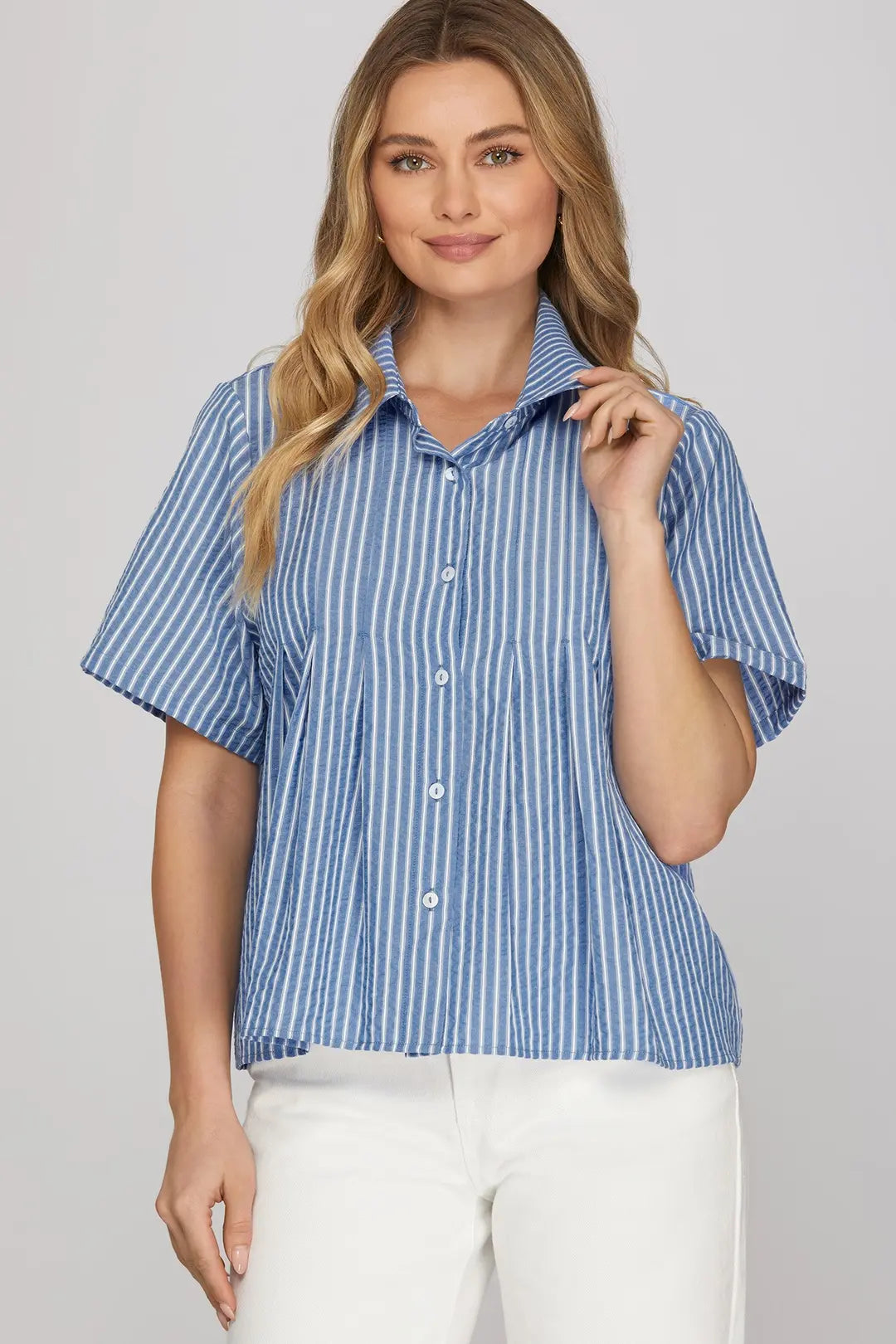 Woven Stripe Pleated Top