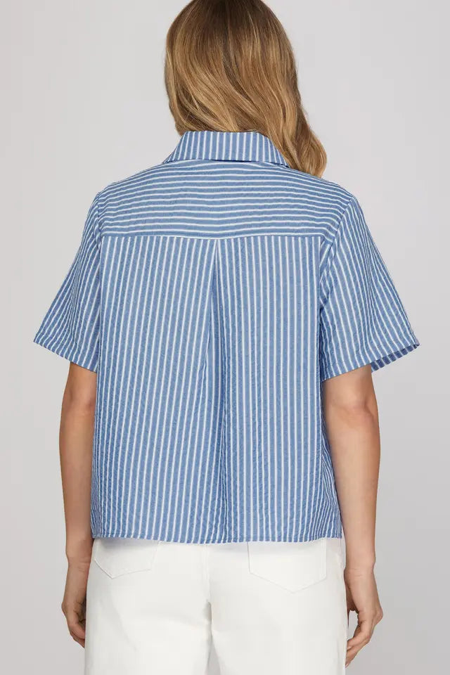 Woven Stripe Pleated Top