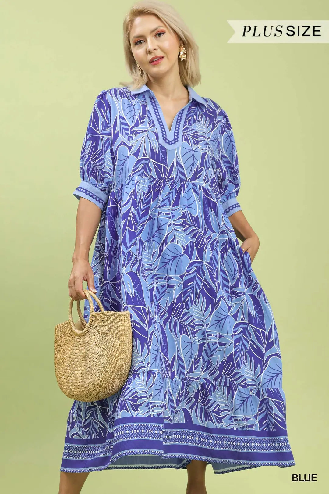 Leafy Print Neck Midi Dress — Plus Size