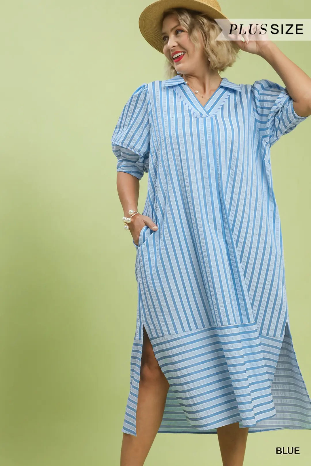 Striped Puff Sleeve Midi Dress — Plus Size