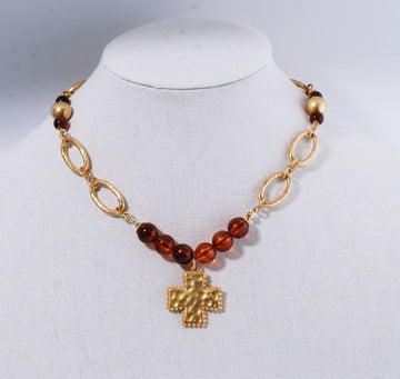 16–18" Brown Beaded Open Gold Chain Necklace with Hammered Cross