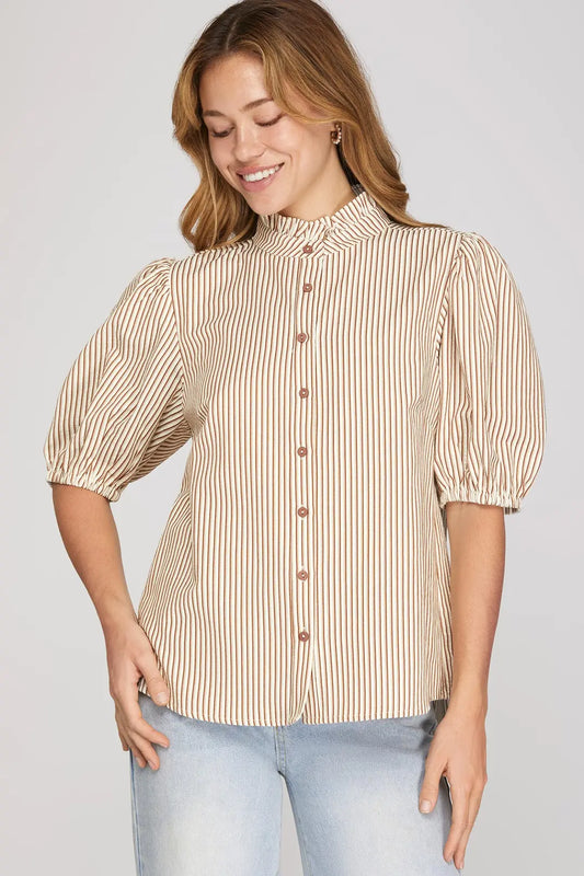 SHORT SLEEVE WOVEN STRIPED RUFFLE NECK BUTTON DOWN TOP