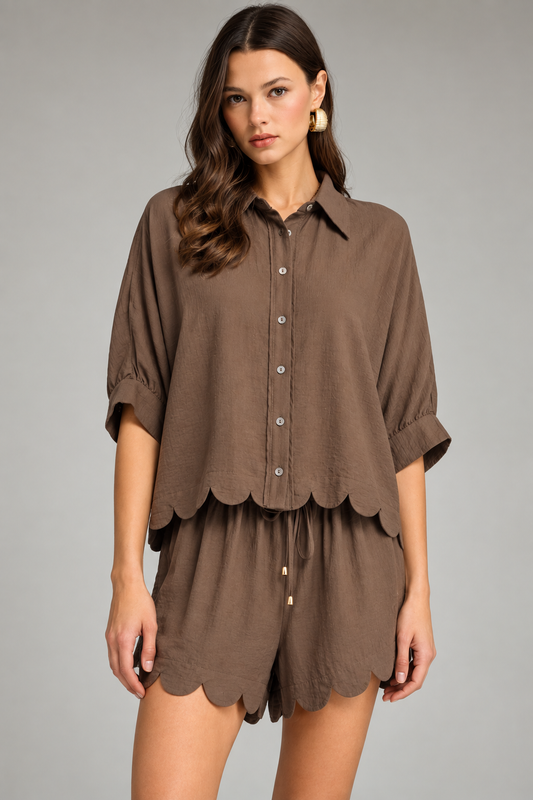 Solid Collared Top with Scallop Hem