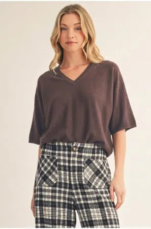 Brown Drop Shoulder V-Neck Sweater Top