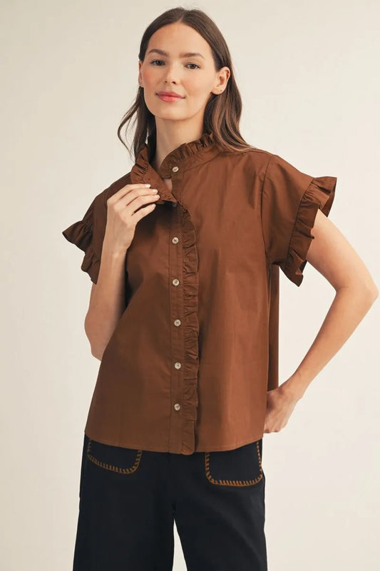 Brown Drop Shoulder Ruffle-Sleeve Button-Down Top