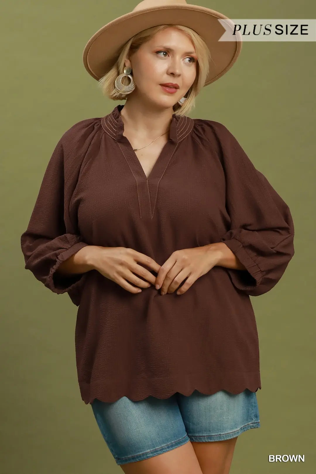 Scallop Hem Balloon Sleeve Blouse-Plus
