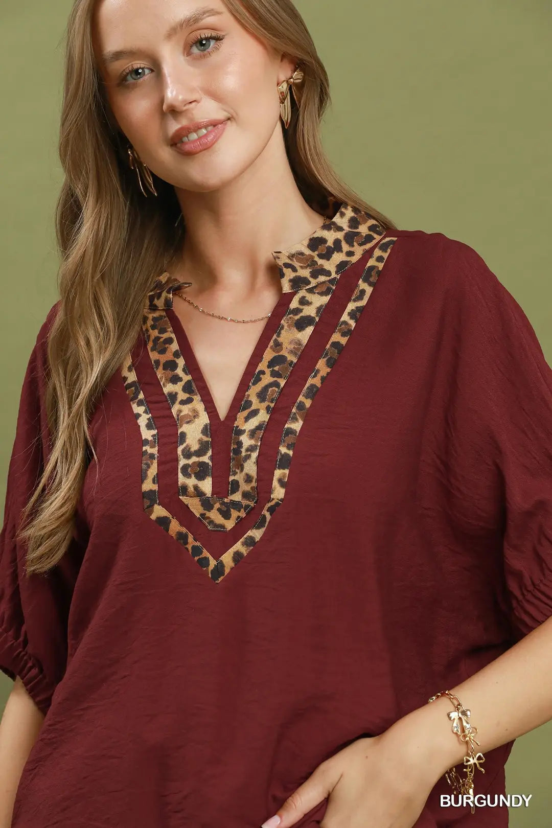 Leopard Trim Dolman Sleeve Blouse