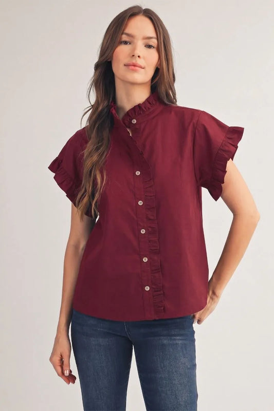 Burgundy Drop Shoulder Ruffle-Sleeve Button-Down Top