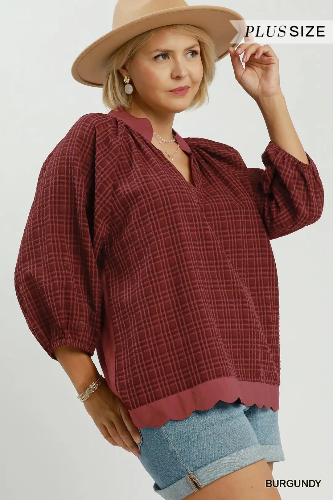 Textured Plaid Scallop Hem Detail Top-Plus