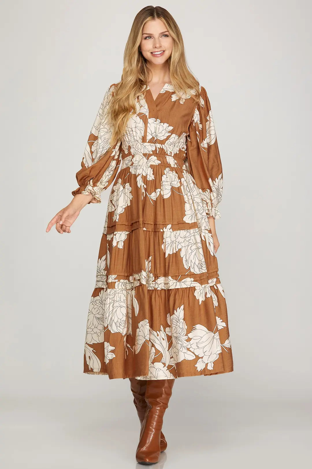 3/4 Sleeve Pintuck Tiered Floral Print Midi Dress