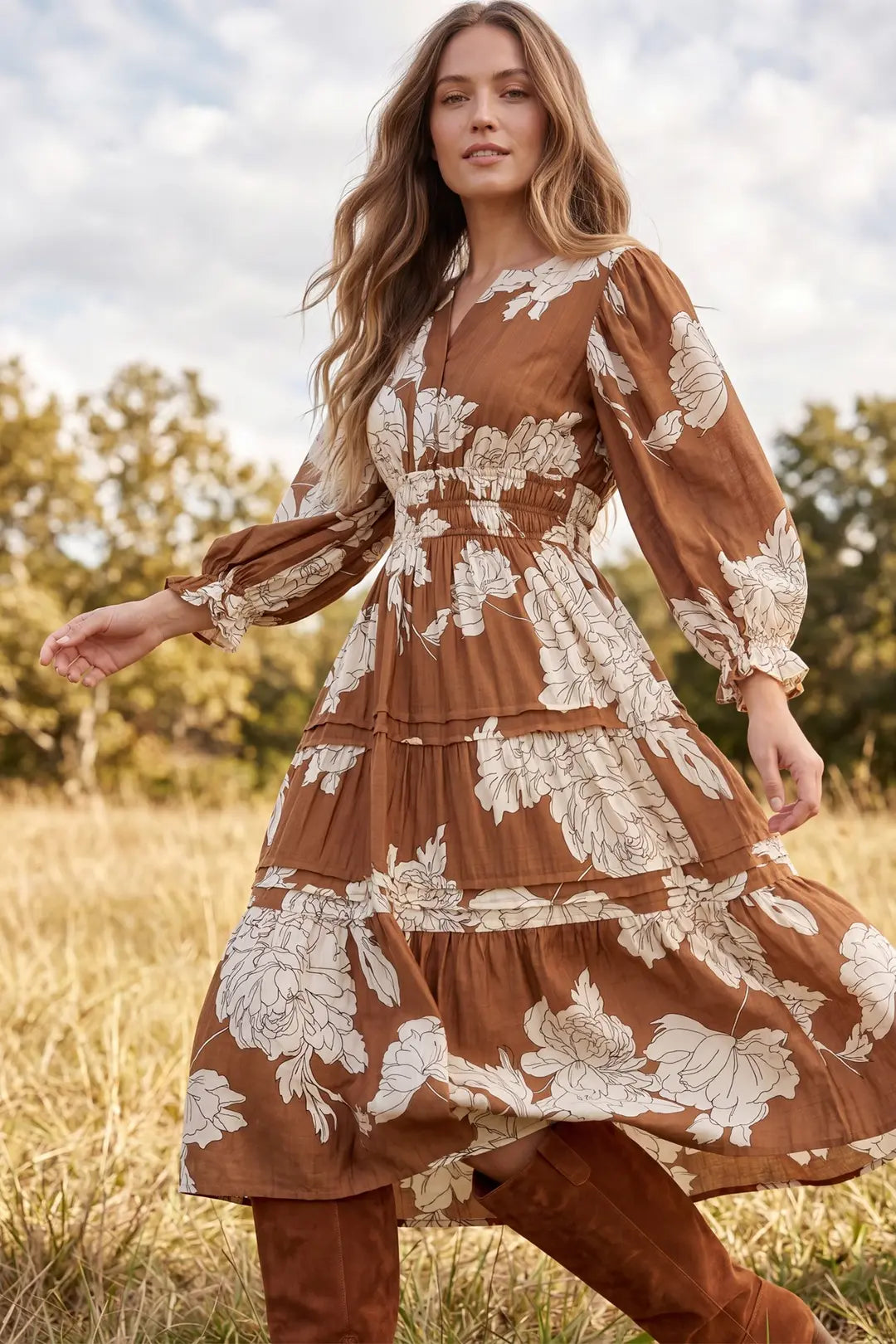 3/4 Sleeve Pintuck Tiered Floral Print Midi Dress