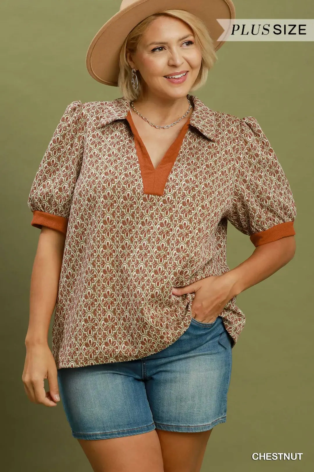 Printed Collared Puff Sleeve Top