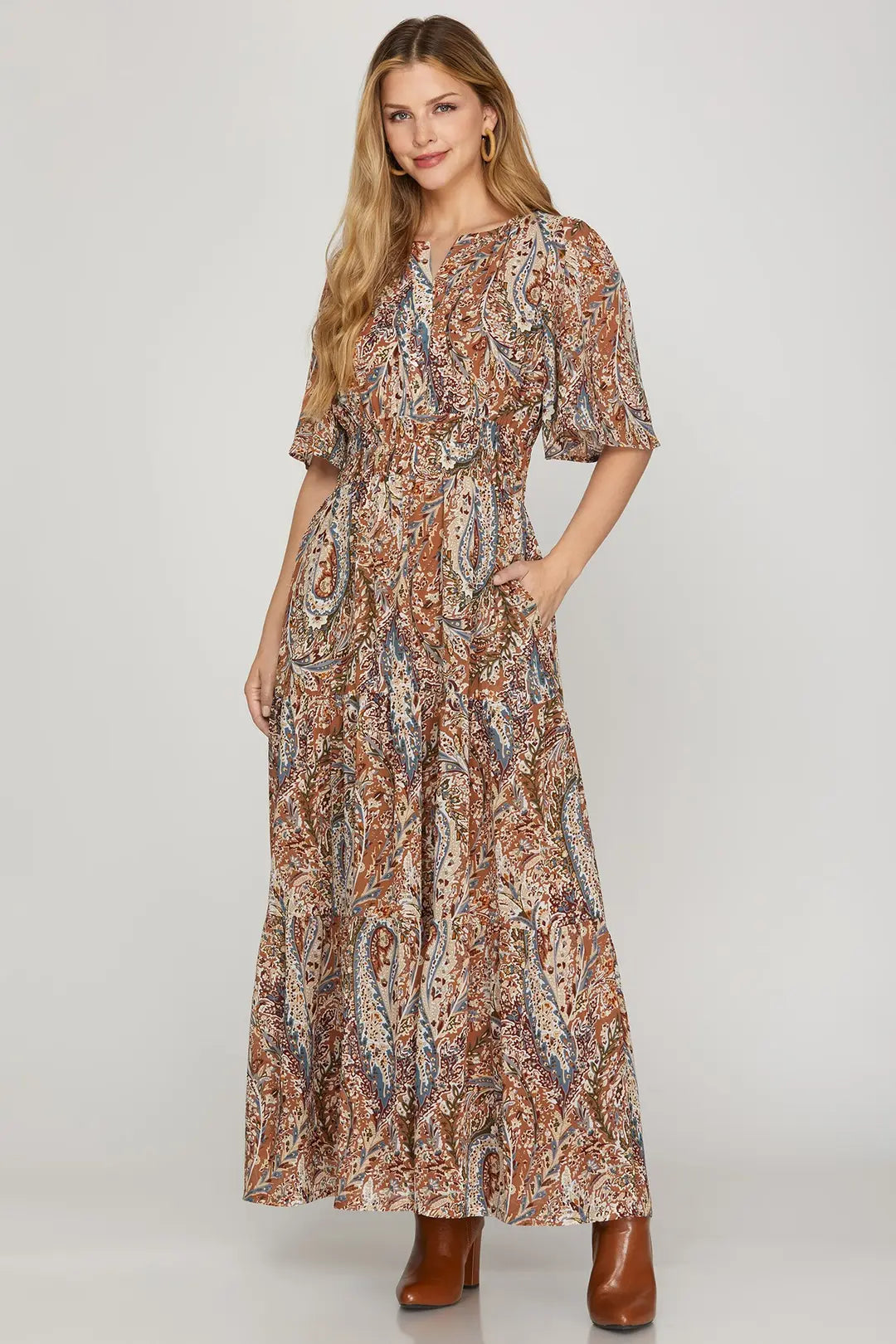 Woven Print Tiered Maxi Dress