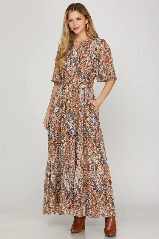 Woven Print Tiered Maxi Dress