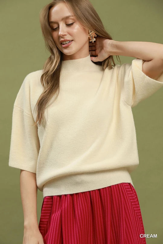 Mock Neck Short Sleeve Knit Sweater Top