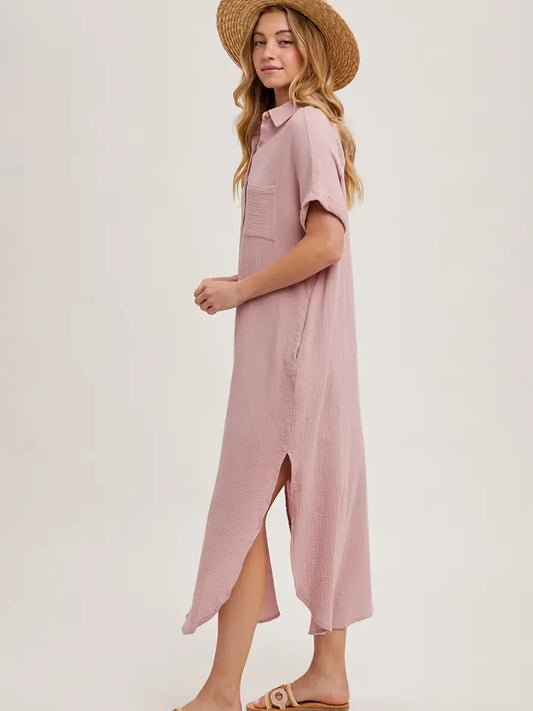 Dusty Button Up Maxi Shirt Dress