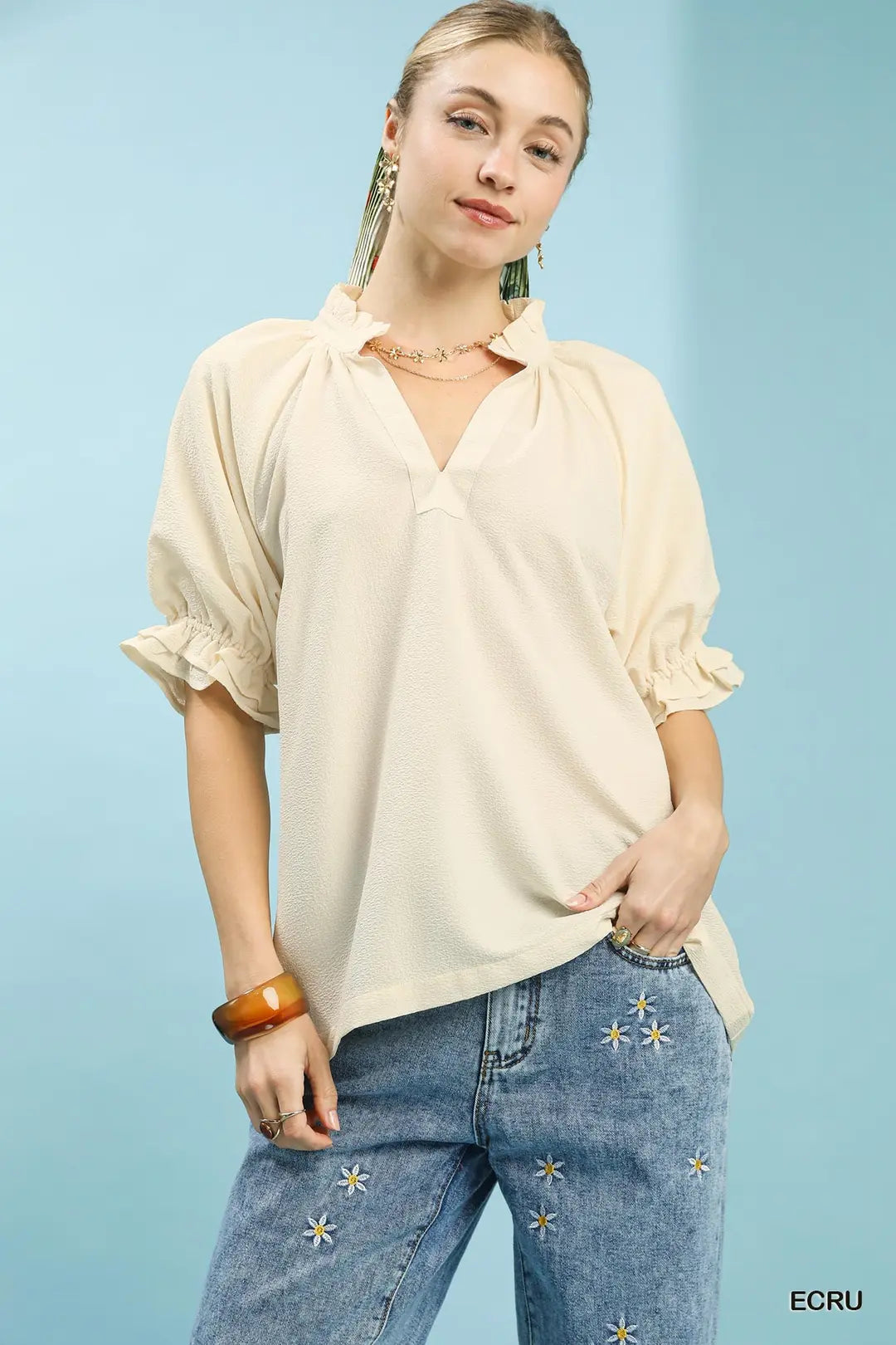 Seersucker Ruffle Collar Puff Sleeve Top