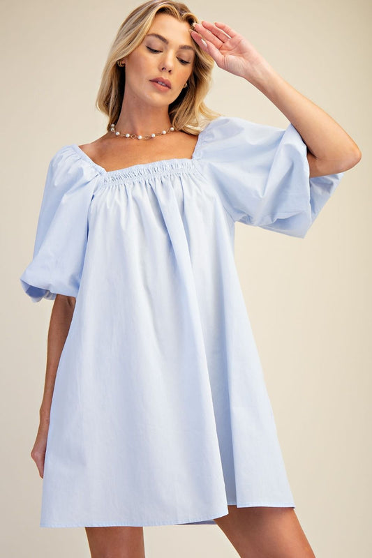 Bubble Sleeve Cotton Blue Dress