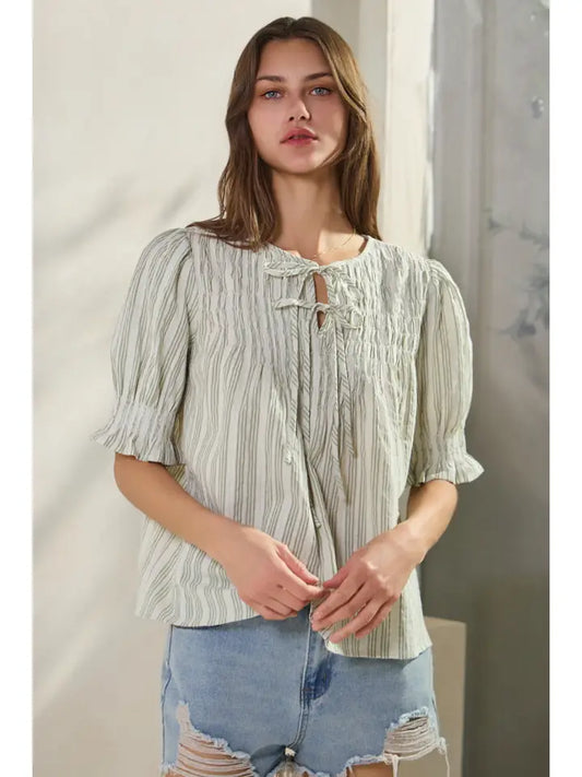 Embroidery Striped Fabric Blouse