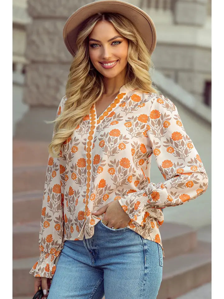 Orange Blossom Floral V-Neck Long-Sleeve Blouse