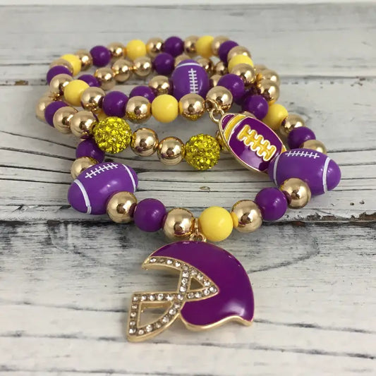 Purple & Gold Football Helmet Charm Bracelet Set