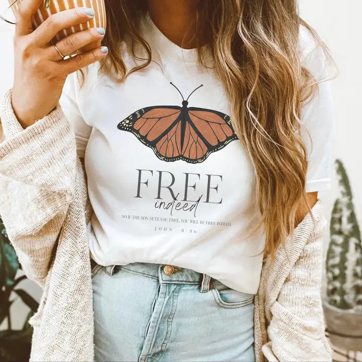 Free Indeed Monarch Butterfly Bible Verse Graphic T-Shirt