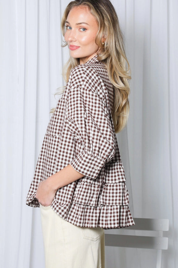 Gingham Puff Sleeve Ruffle Accent Top