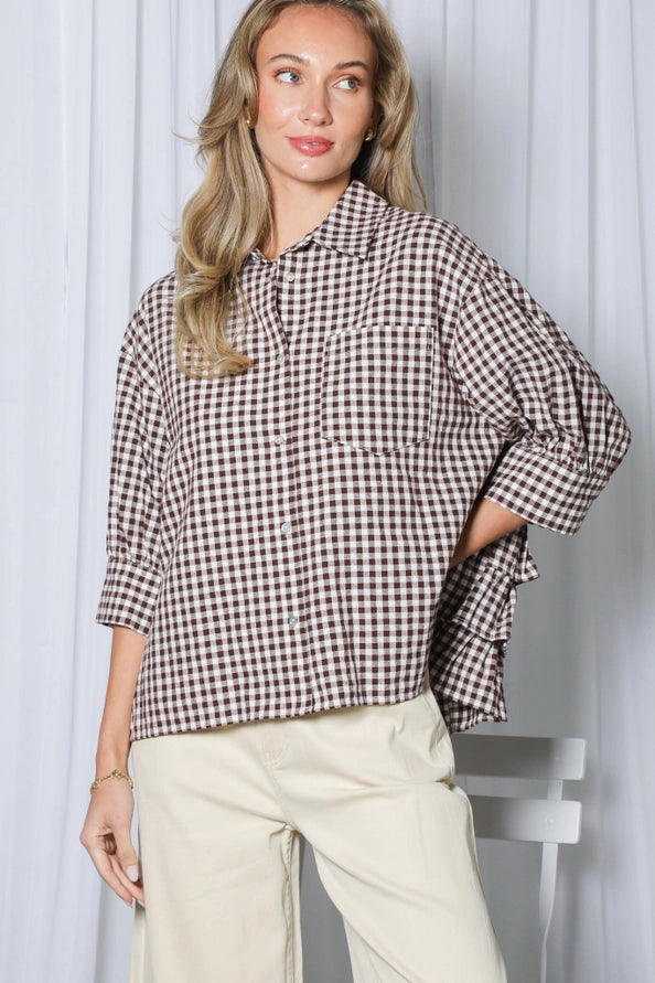 Gingham Puff Sleeve Ruffle Accent Top