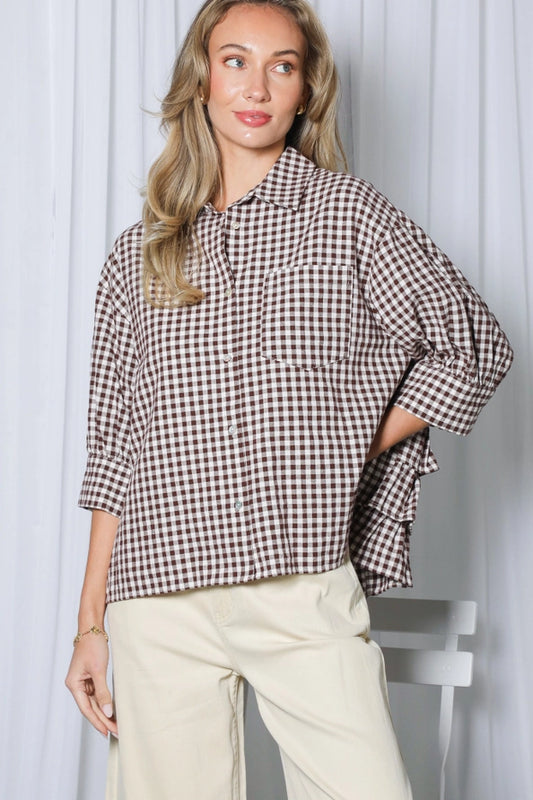Gingham Puff Sleeve Ruffle Accent Top