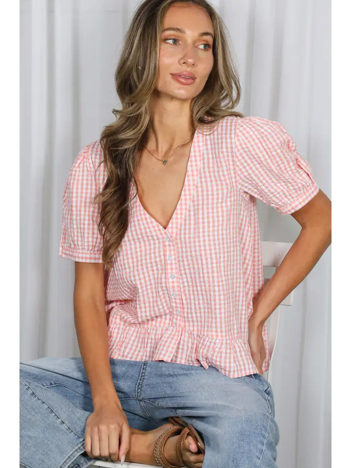 Coral Gingham Short Puff Sleeve V-Neck Blouse