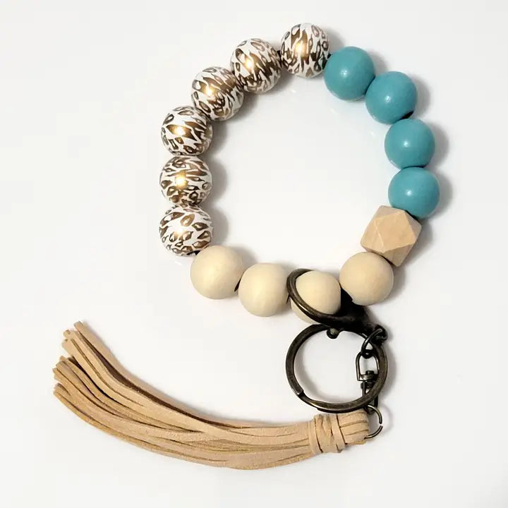 Gold Leopard & Teal Wood Bead Wristlet
