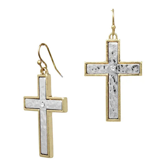 Gold-Outlined Hammered Silver Cross Earrings