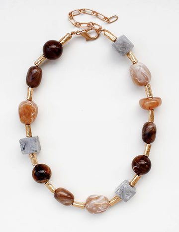 Gold Tube Beaded Multi-Color Natural Stone Necklace