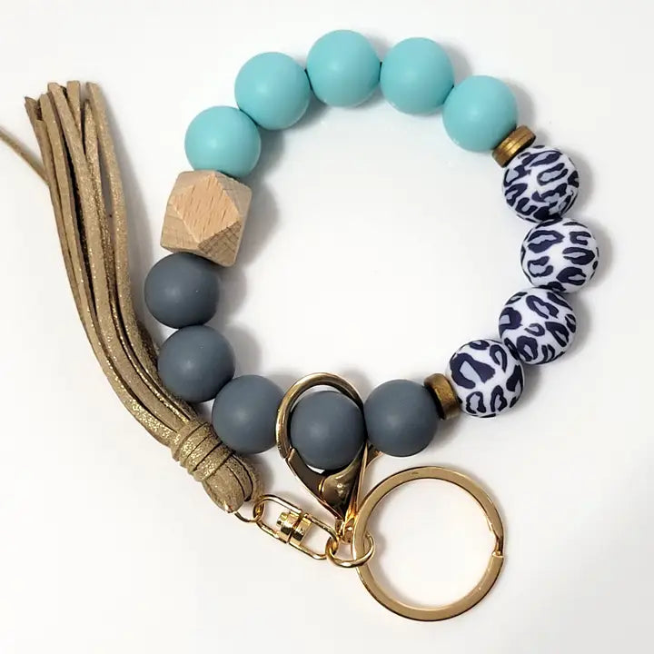 Gray Leopard & Teal Silicone Bead Wristlet