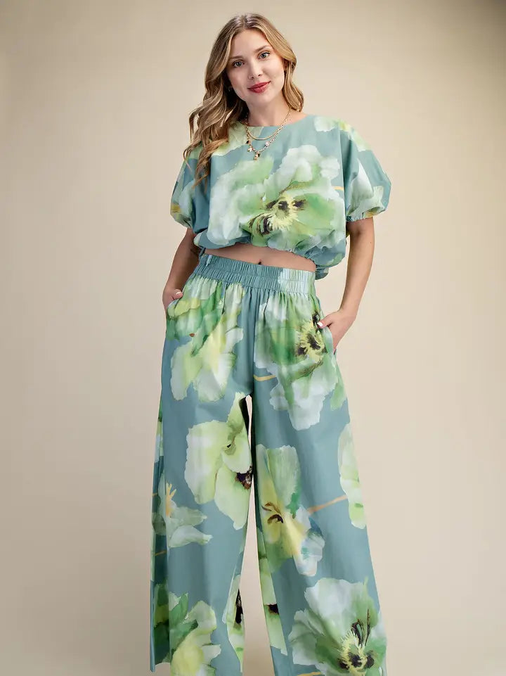 Floral Bubble Top & Wide-Leg Pants Set