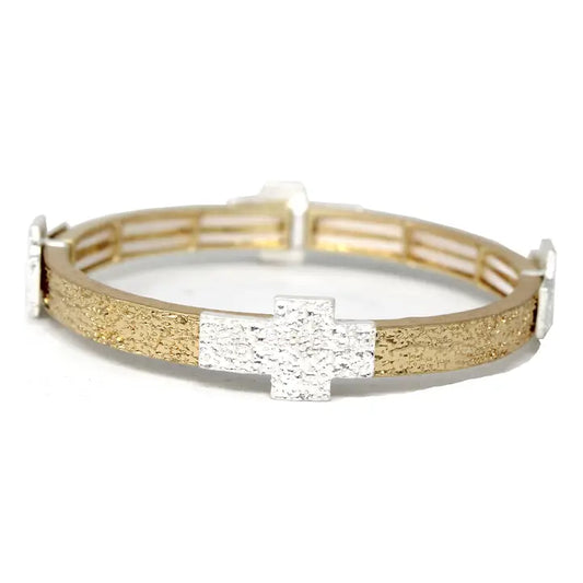 Hammered Gold Stretch Bracelet with Silver Cross Accents