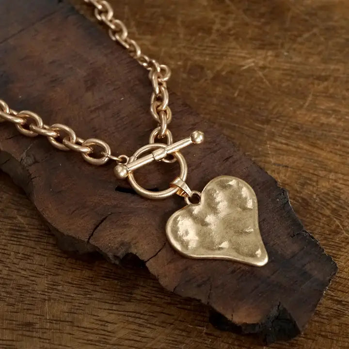 Boho Hammered Heart Front Toggle Necklace