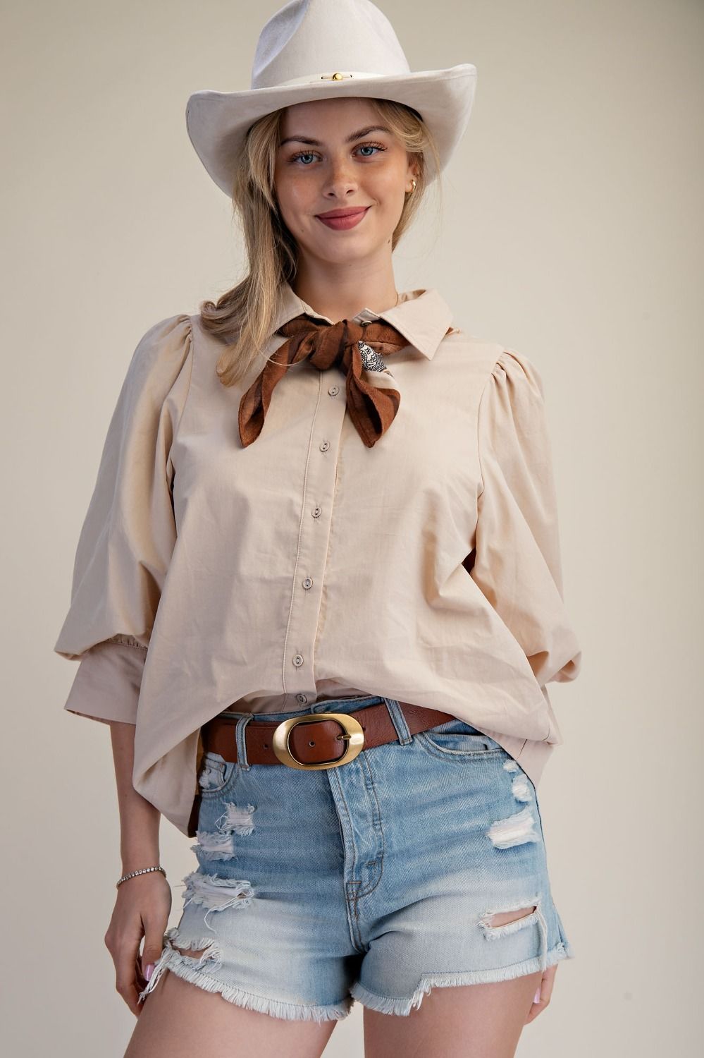Khaki Cotton Poplin Blouse with Scarf