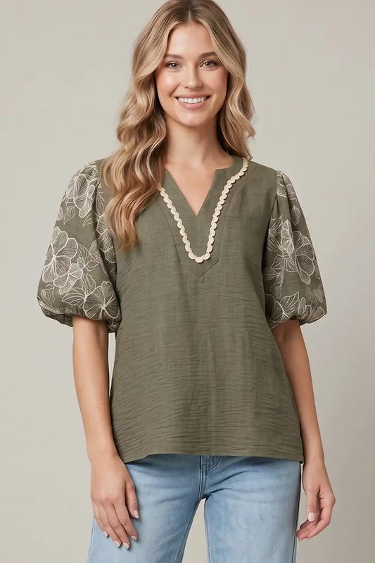 Short Embroidered Puff Sleeve Woven Top with Neck Trim Lace Detail