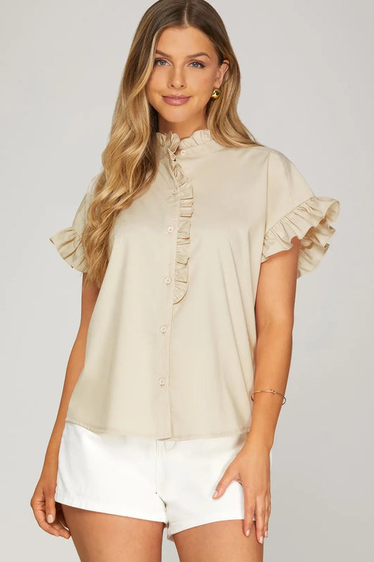 Drop Shoulder Ruffled Neck Top