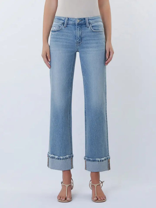 Mid Rise Cuffed Ankle Slim Wide Jeans Energetic
