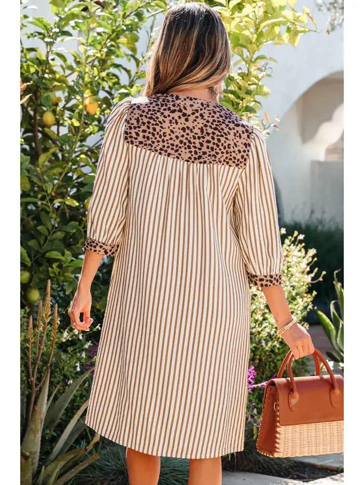 Stripe Leopard Midi Shirt Dress